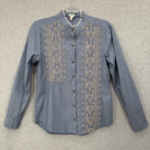 Anthropologie TINY Chambray Embroidered Button Down Shirt Women XS Boho Frayed